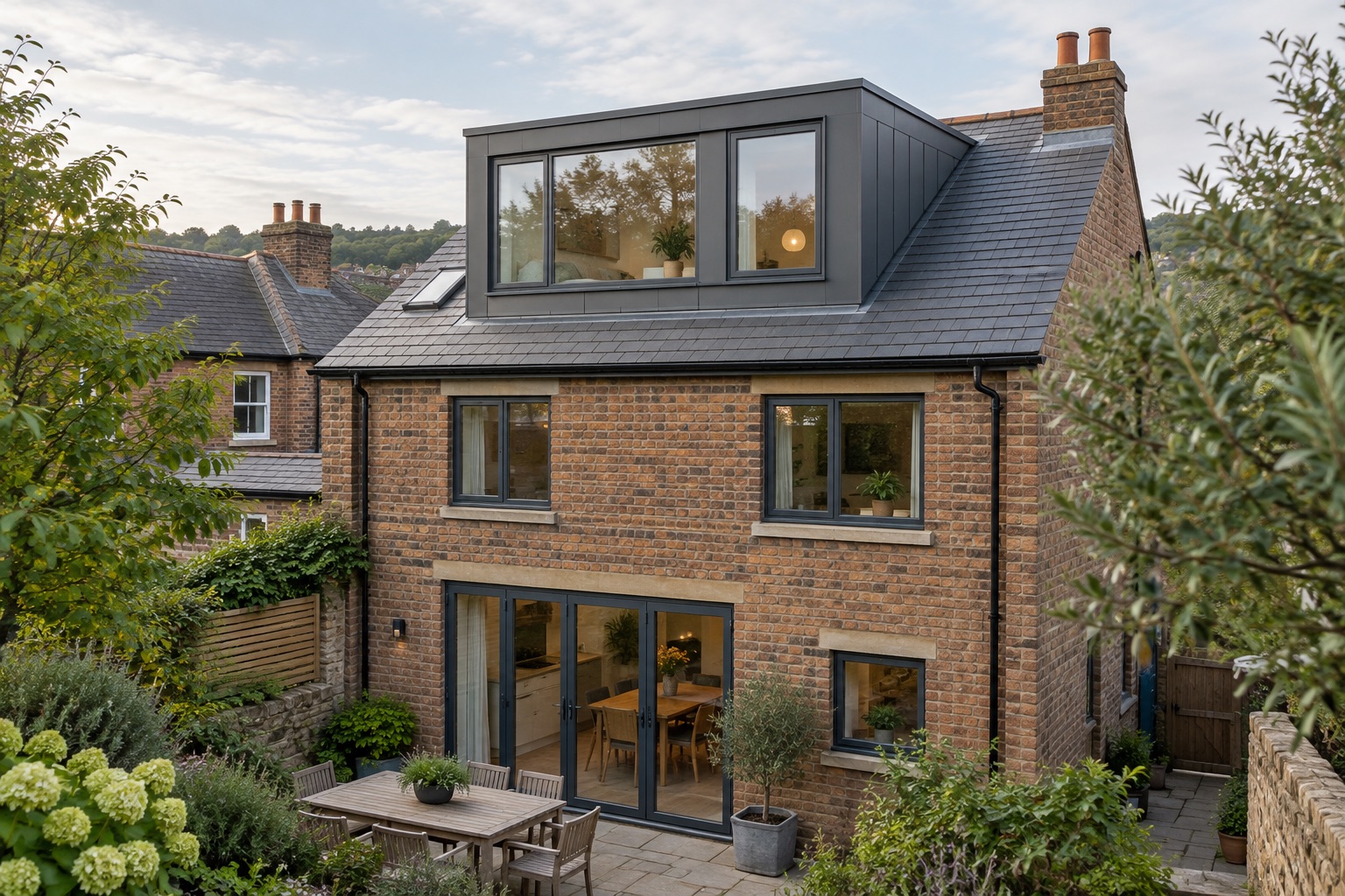 Illustrative dormer: a rectangular extension projecting from the rear pitched roof of a brick home