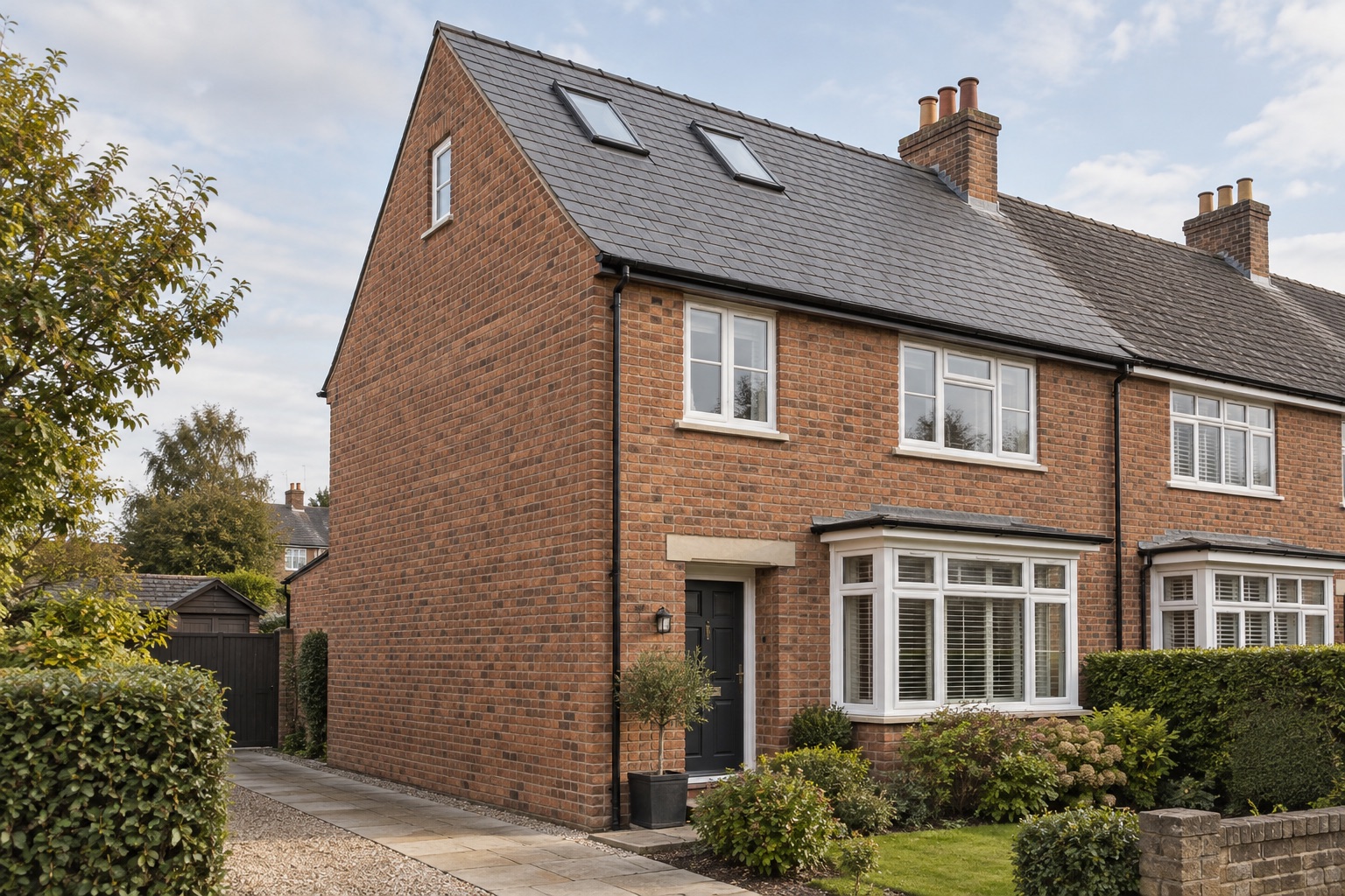 Illustrative hip-to-gable roof showing a vertical triangular brick gable end beneath a pitched roof