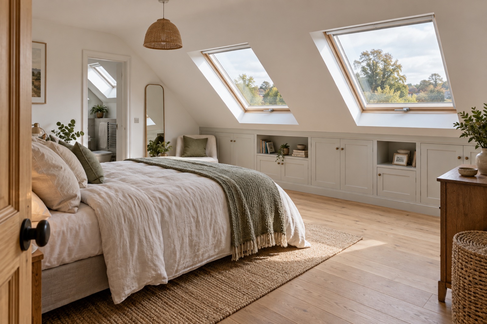 Illustrative rooflight loft: bedroom with windows set into the sloping ceiling and storage beneath the eaves
